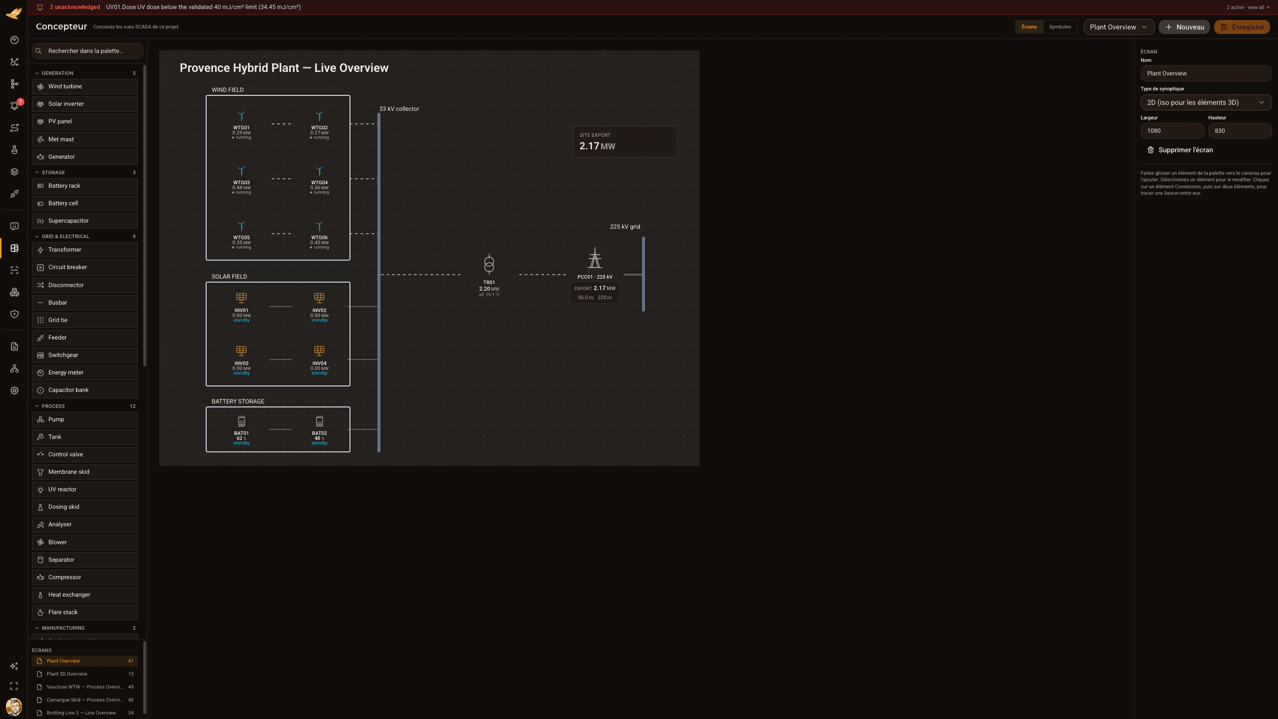 The Djinious Control Center screen designer, building a live overview of a hybrid renewable plant — wind field, solar field, battery storage and grid export, with an active alarm banner