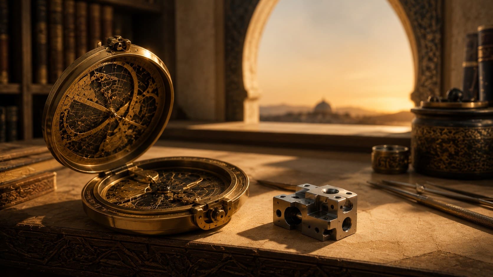 A gilded astrolabe beside a precision-machined aluminium part, in an arched window at sunset